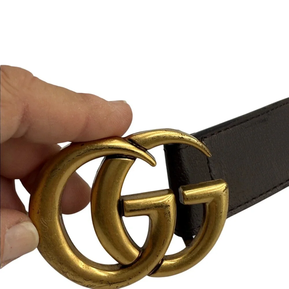 Gucci GG Marmont Belt Beige Canvas Brown Leather Gold GG Buckle Women's SZ 80CM‎